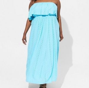 Torrid Blue Boho Eyelet Ruffle Maxi Dress Size 2X 18/20 NWT